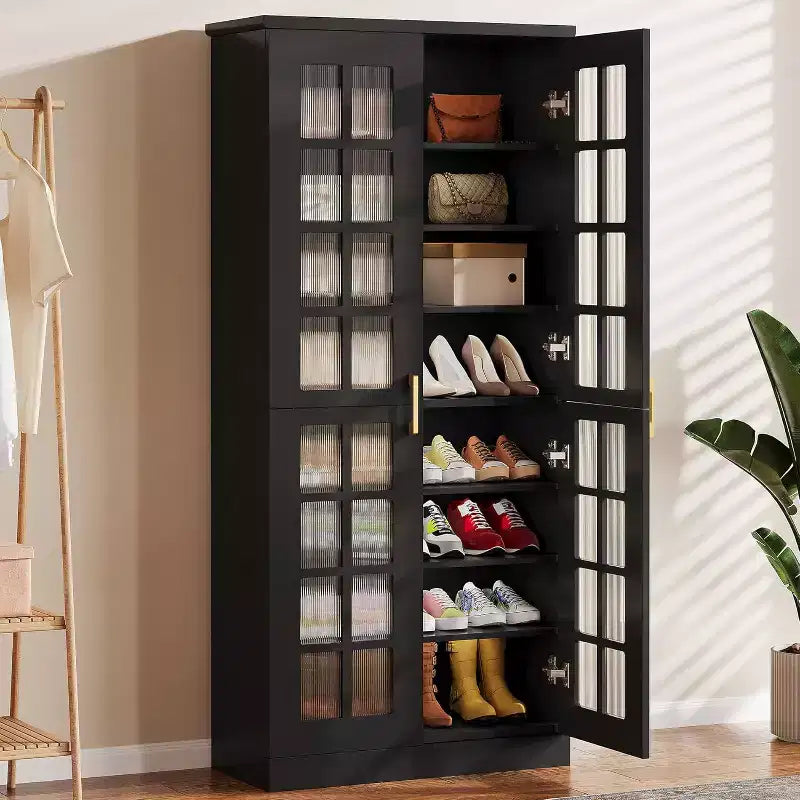 Meuble à chaussures haut avec portes, rangement à chaussures à 8 niveaux avec étagères réglables, meuble à chaussures moderne pour couloir, placard, salon, blanc