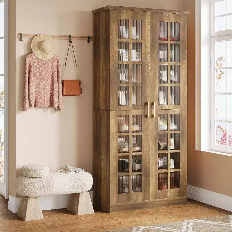 Meuble à chaussures haut avec portes, rangement à chaussures à 8 niveaux avec étagères réglables, meuble à chaussures moderne pour couloir, placard, salon, blanc
