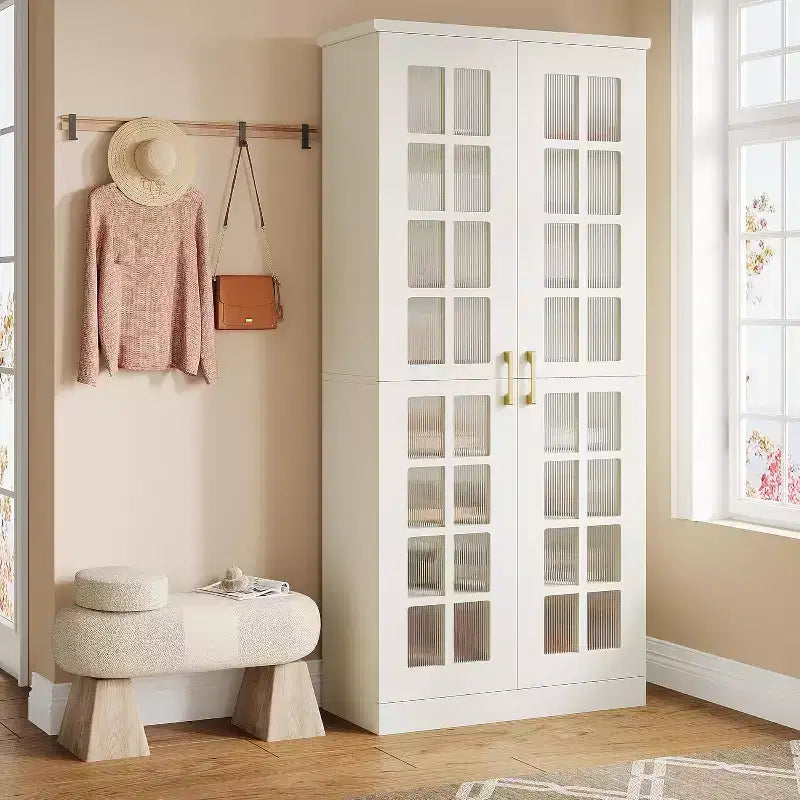 Meuble à chaussures haut avec portes, rangement à chaussures à 8 niveaux avec étagères réglables, meuble à chaussures moderne pour couloir, placard, salon, blanc