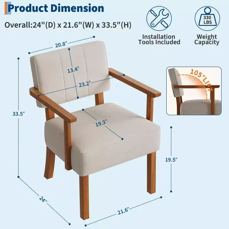 Fauteuil d'appoint en tissu de lin, fauteuil du milieu du siècle moderne à rayures verticales, fauteuil de lecture à cadre en bois pour salon