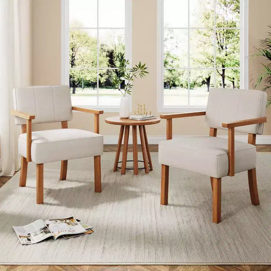 Linen Fabric Accent Chair, Mid-Century Modern Armchair with Vertical Stripes, Wood Frame Reading Chair for Living Room