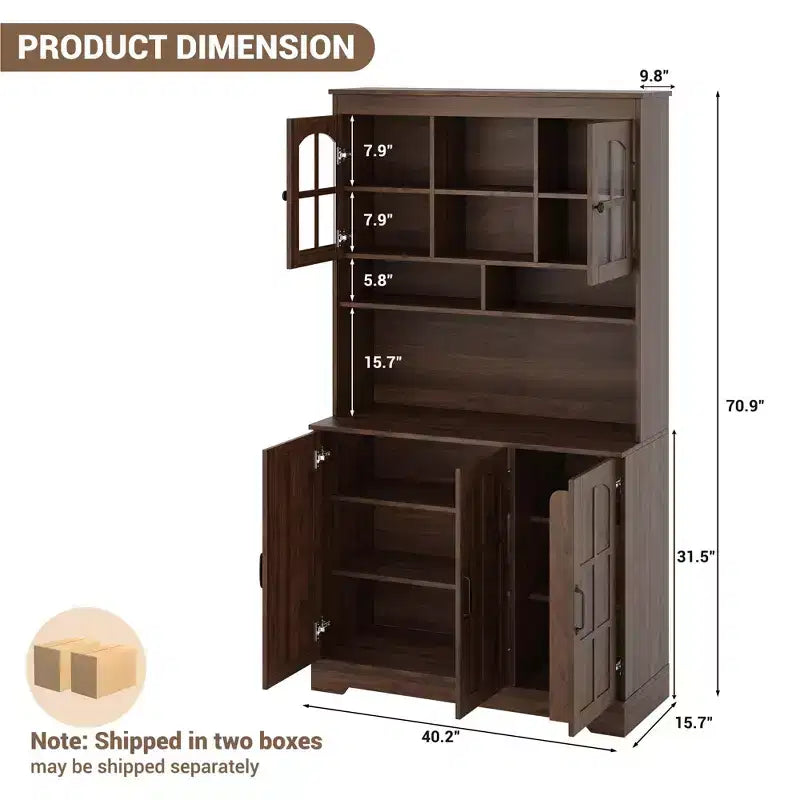 Armoire de garde-manger avec station de charge, Grand garde-manger de cuisine avec huche, Armoire de cuisine de 180 cm avec portes vitrées, pour salle à manger