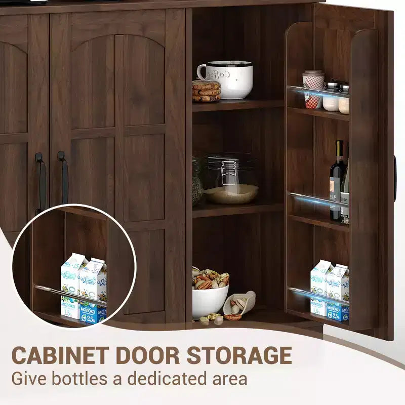 Armoire de garde-manger avec station de charge, Grand garde-manger de cuisine avec huche, Armoire de cuisine de 180 cm avec portes vitrées, pour salle à manger