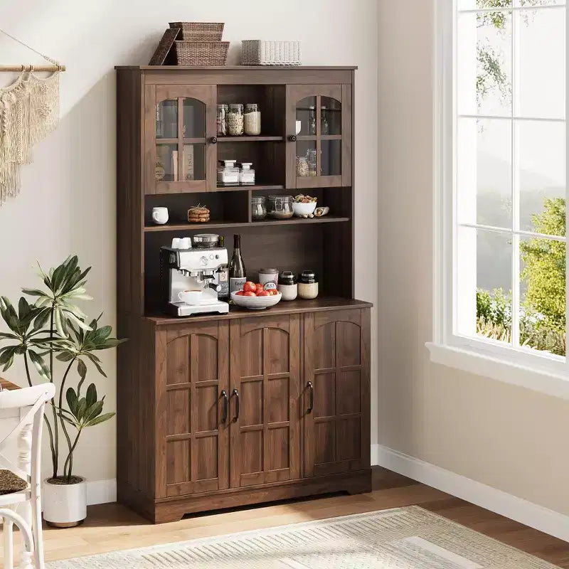Armoire de garde-manger avec station de charge, Grand garde-manger de cuisine avec huche, Armoire de cuisine de 180 cm avec portes vitrées, pour salle à manger