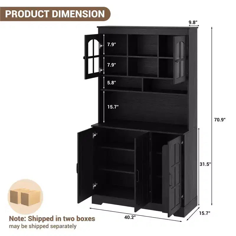 Armoire de garde-manger avec station de charge, Grand garde-manger de cuisine avec huche, Armoire de cuisine de 180 cm avec portes vitrées, pour salle à manger