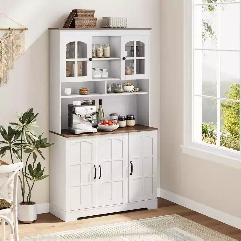 Armoire de garde-manger avec station de charge, Grand garde-manger de cuisine avec huche, Armoire de cuisine de 180 cm avec portes vitrées, pour salle à manger