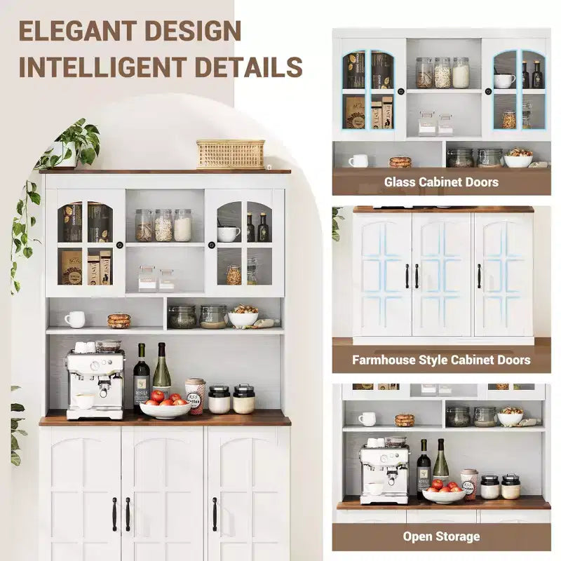 Armoire de garde-manger avec station de charge, Grand garde-manger de cuisine avec huche, Armoire de cuisine de 180 cm avec portes vitrées, pour salle à manger