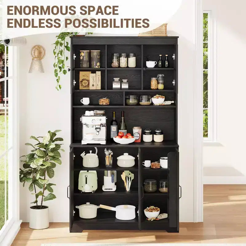 Armoire de garde-manger avec station de charge, Grand garde-manger de cuisine avec huche, Armoire de cuisine de 180 cm avec portes vitrées, pour salle à manger