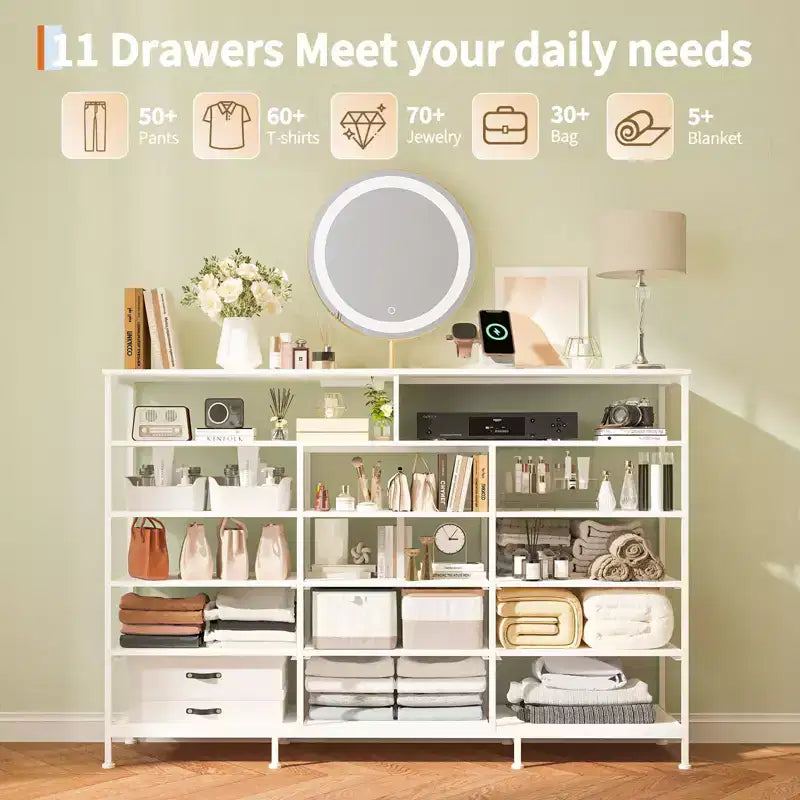 Commode de chambre à 11 tiroirs, commodes en tissu avec étagères ouvertes pour couloir, salon, cadre en acier, plateau en bois