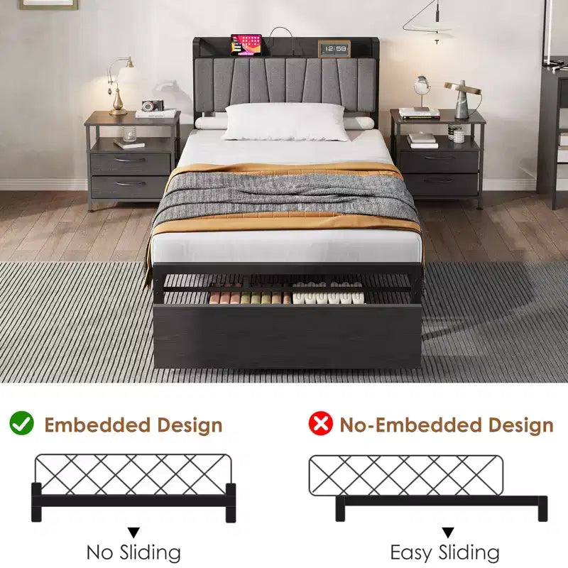 Cadre de lit double avec tête de lit de rangement, lit plateforme double noir avec grand tiroir et station de recharge, cadre de lit industriel sans sommier tapissier requis