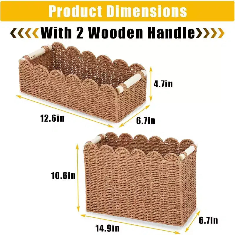 Lot de 2 paniers en osier festonnés, bacs de rangement en corde de papier avec poignées pour papier toilette, étagères de salle de bain, organisation de comptoir, petite+grande taille