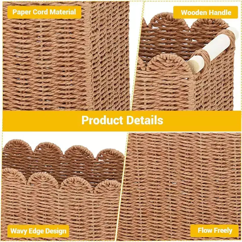 Lot de 2 paniers en osier festonnés, bacs de rangement en corde de papier avec poignées pour papier toilette, étagères de salle de bain, organisation de comptoir, petite+grande taille