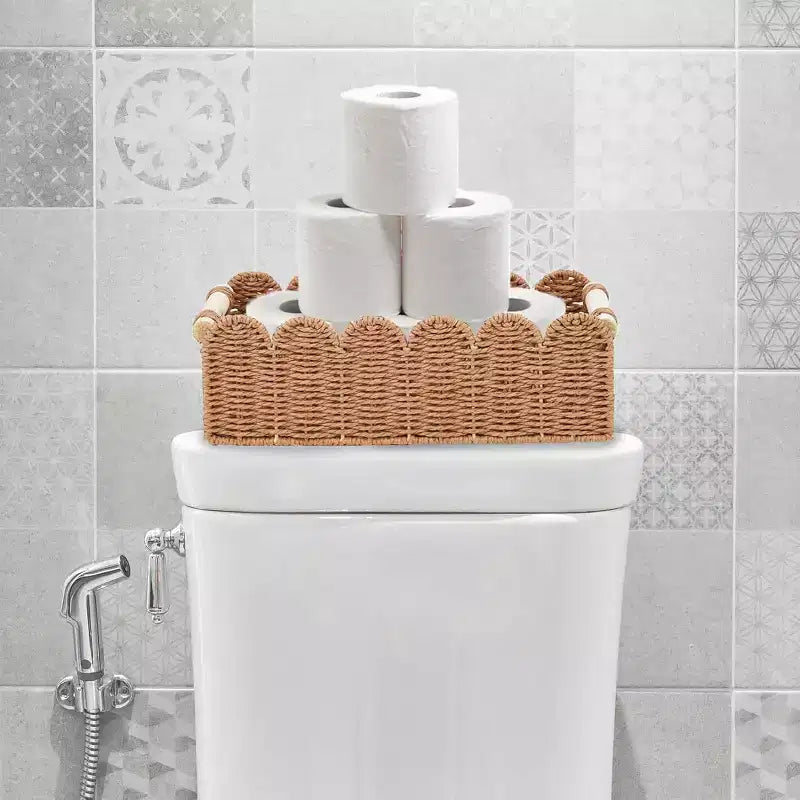 Lot de 2 paniers en osier festonnés, bacs de rangement en corde de papier avec poignées pour papier toilette, étagères de salle de bain, organisation de comptoir, petite+grande taille
