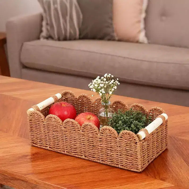 Lot de 2 paniers en osier festonnés, bacs de rangement en corde de papier avec poignées pour papier toilette, étagères de salle de bain, organisation de comptoir, petite+grande taille