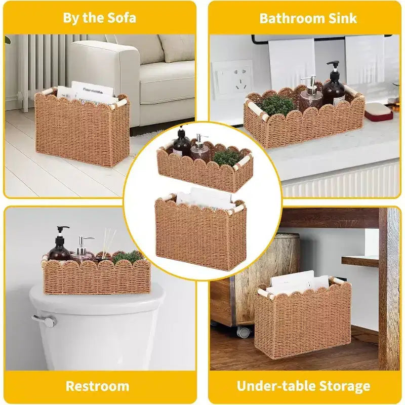 Lot de 2 paniers en osier festonnés, bacs de rangement en corde de papier avec poignées pour papier toilette, étagères de salle de bain, organisation de comptoir, petite+grande taille