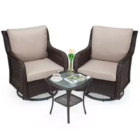 Swivel Wicker Glider Patio Chairs, 360-Degree Swivel Rocking Chair, 4 Thick Cushions and Coffee Table, for Porch, Balcony