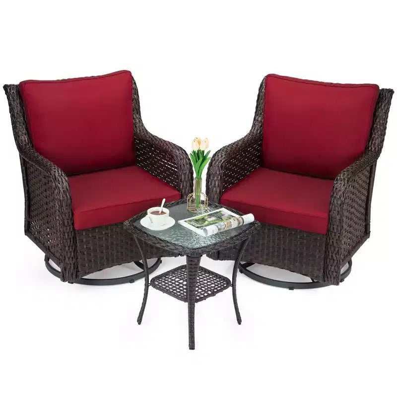 Fauteuils de jardin pivotants en osier, fauteuil à bascule pivotant à 360 degrés, 4 coussins épais et table basse, pour porche, balcon
