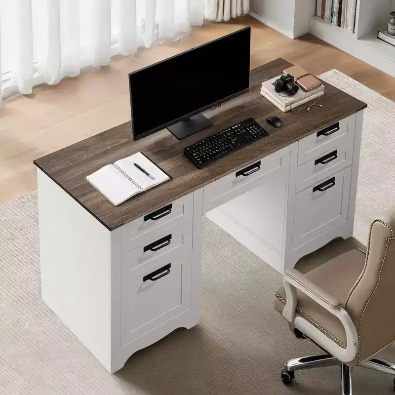Bureau de direction, Table de bureau de style rustique avec station de recharge, Table de direction en panneaux de particules avec tiroirs de rangement, Capacité de charge de 90 kg, Marron