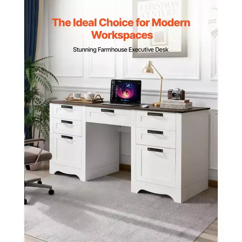 Bureau de direction, Table de bureau de style rustique avec station de recharge, Table de direction en panneaux de particules avec tiroirs de rangement, Capacité de charge de 90 kg, Marron