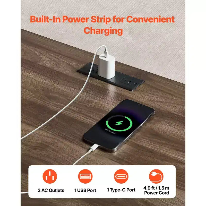 Bureau de direction, Table de bureau de style rustique avec station de recharge, Table de direction en panneaux de particules avec tiroirs de rangement, Capacité de charge de 90 kg, Marron