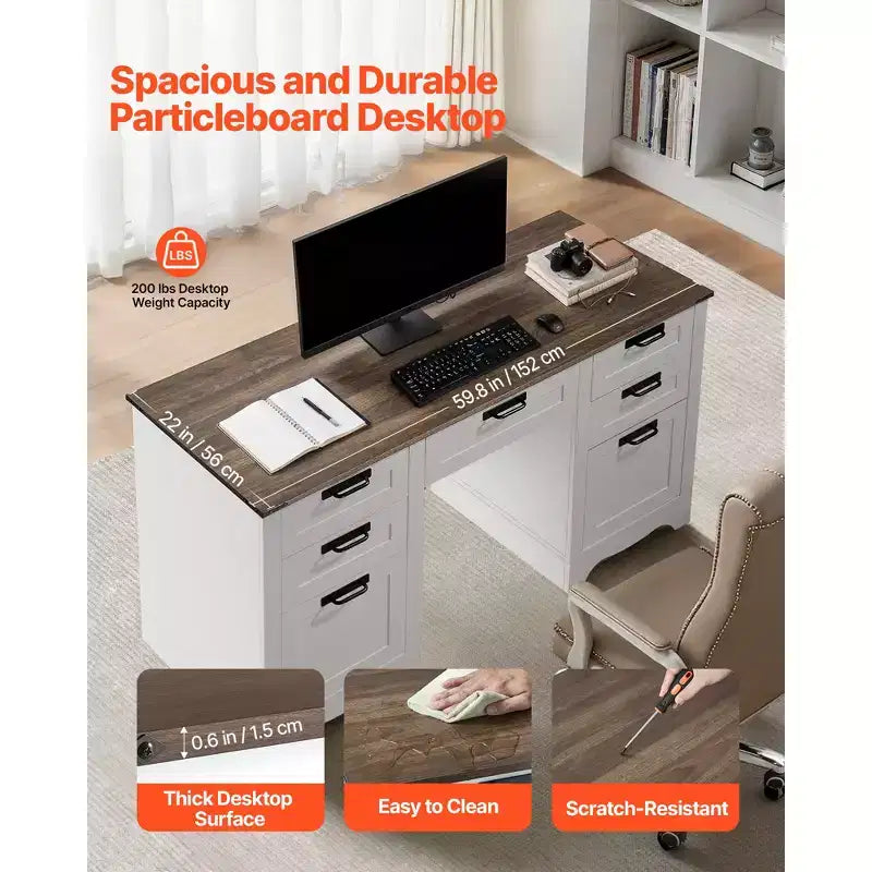 Bureau de direction, Table de bureau de style rustique avec station de recharge, Table de direction en panneaux de particules avec tiroirs de rangement, Capacité de charge de 90 kg, Marron