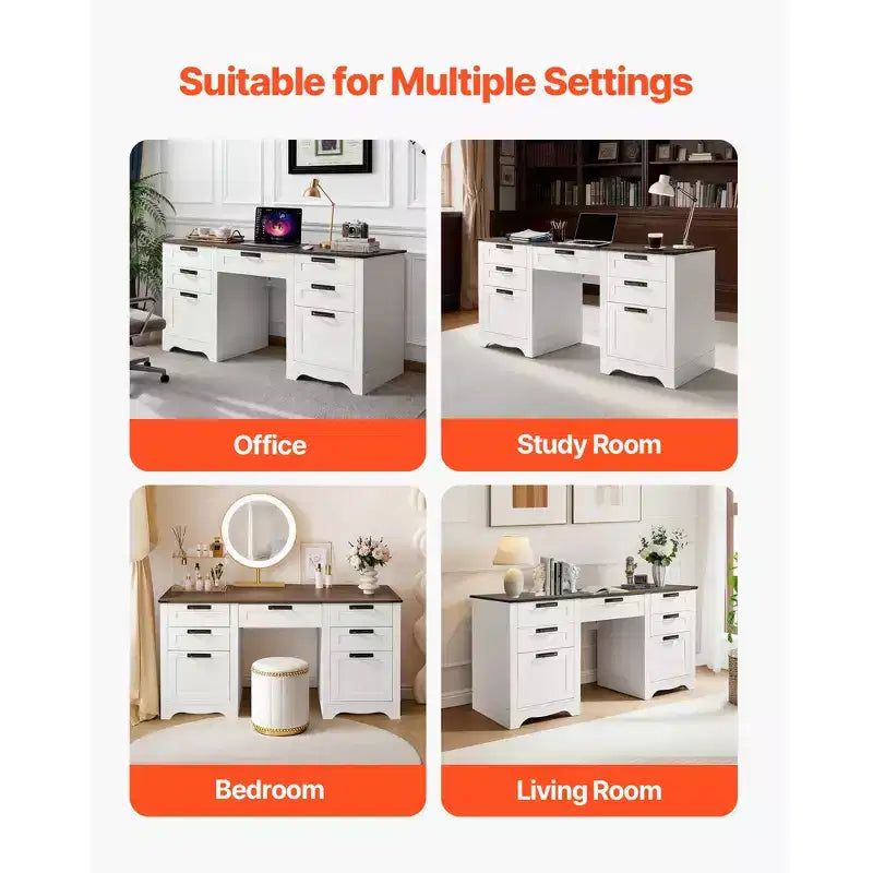 Bureau de direction, Table de bureau de style rustique avec station de recharge, Table de direction en panneaux de particules avec tiroirs de rangement, Capacité de charge de 90 kg, Marron