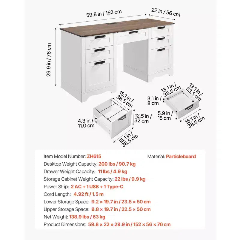 Bureau de direction, Table de bureau de style rustique avec station de recharge, Table de direction en panneaux de particules avec tiroirs de rangement, Capacité de charge de 90 kg, Marron