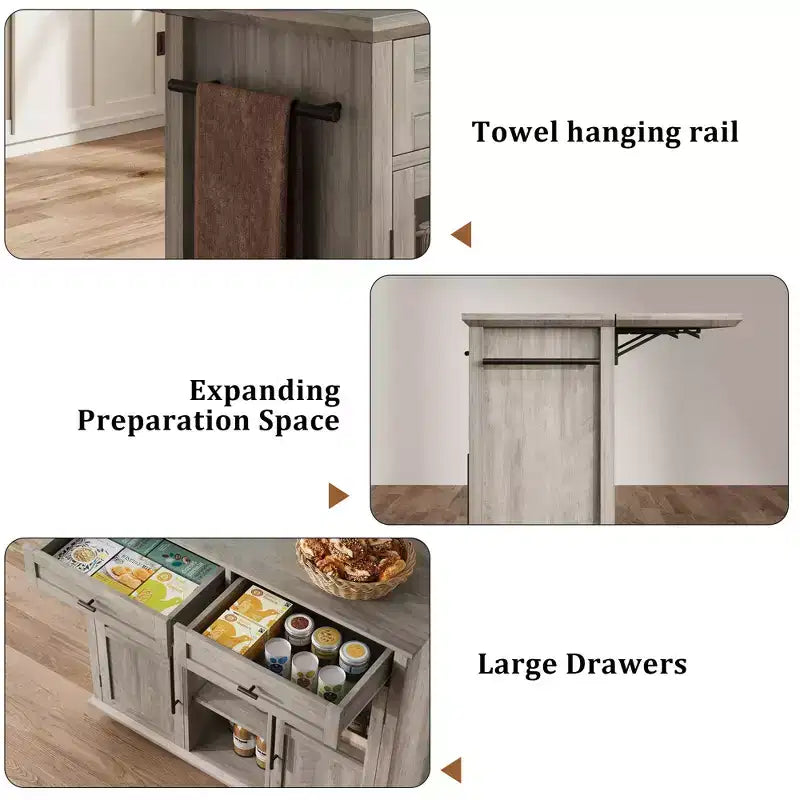 Îlot de cuisine roulant multifonctionnel avec abattant, meuble de rangement mobile avec tiroirs, desserte de bar, chariot de cuisine autoportant pour maisons modernes