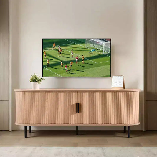 Meuble TV, Meuble de divertissement Boho pour téléviseurs jusqu'à 58 pouces, Charge de 159 kg, Étagères de rangement réglables et porte coulissante, Couleur bois