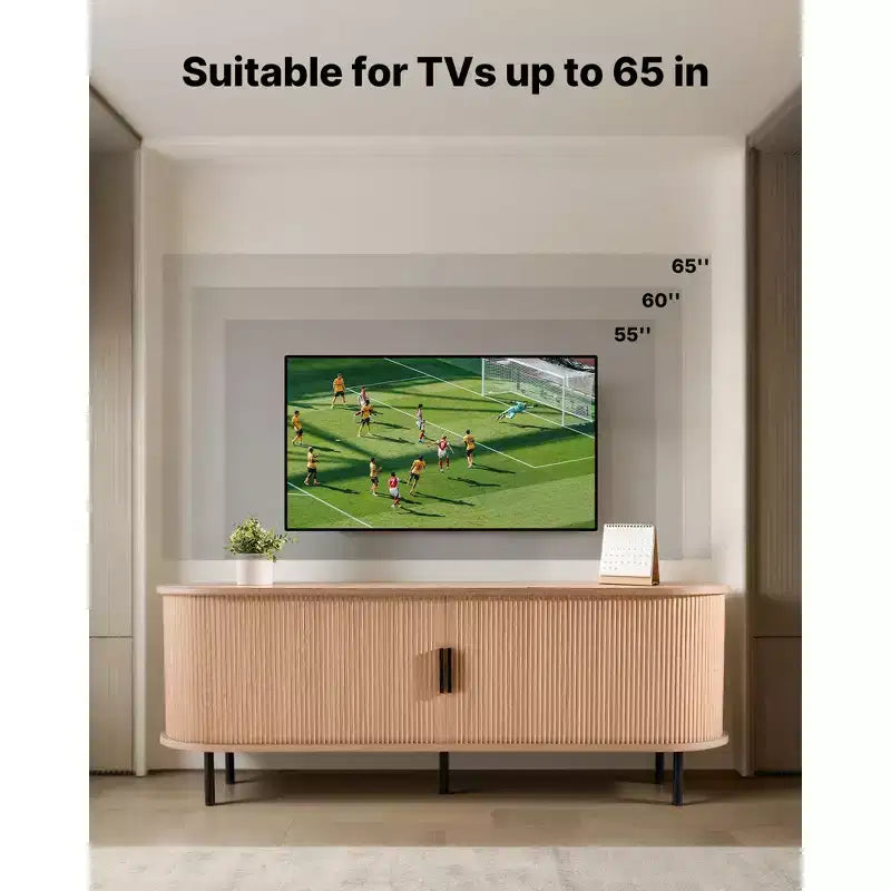 Meuble TV, Meuble de divertissement Boho pour téléviseurs jusqu'à 58 pouces, Charge de 159 kg, Étagères de rangement réglables et porte coulissante, Couleur bois