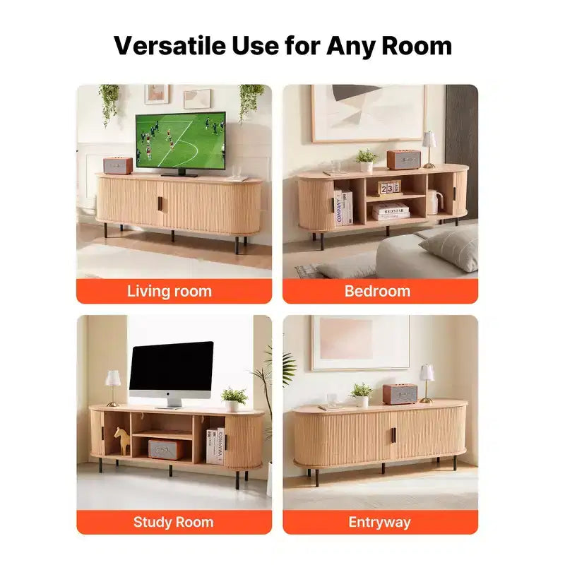 Meuble TV, Meuble de divertissement Boho pour téléviseurs jusqu'à 58 pouces, Charge de 159 kg, Étagères de rangement réglables et porte coulissante, Couleur bois