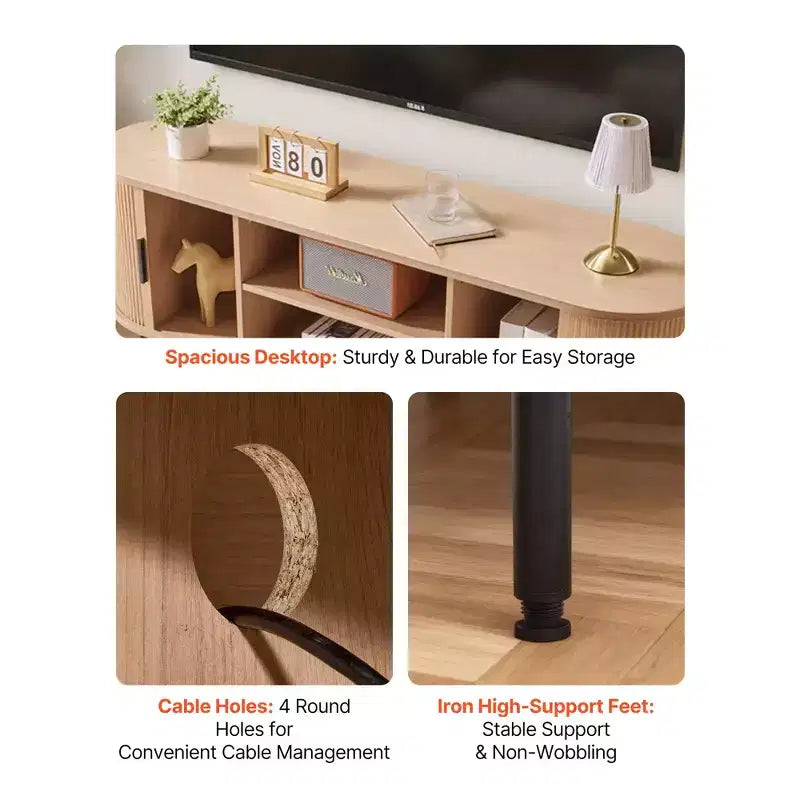 Meuble TV, Meuble de divertissement Boho pour téléviseurs jusqu'à 58 pouces, Charge de 159 kg, Étagères de rangement réglables et porte coulissante, Couleur bois
