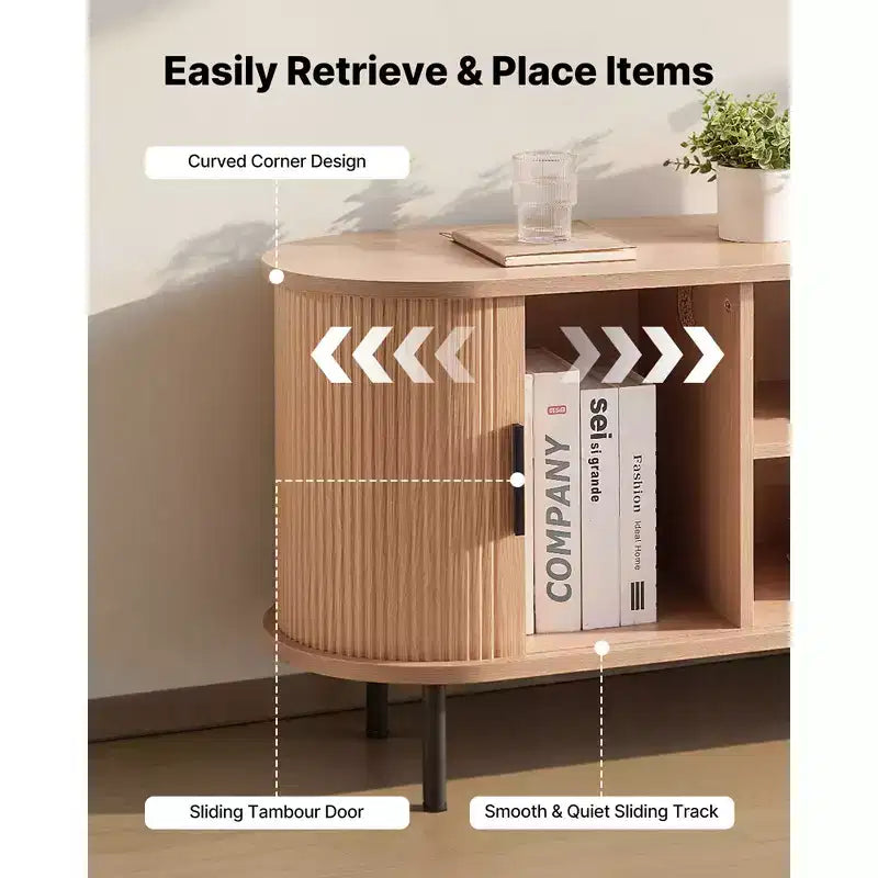 Meuble TV, Meuble de divertissement Boho pour téléviseurs jusqu'à 58 pouces, Charge de 159 kg, Étagères de rangement réglables et porte coulissante, Couleur bois