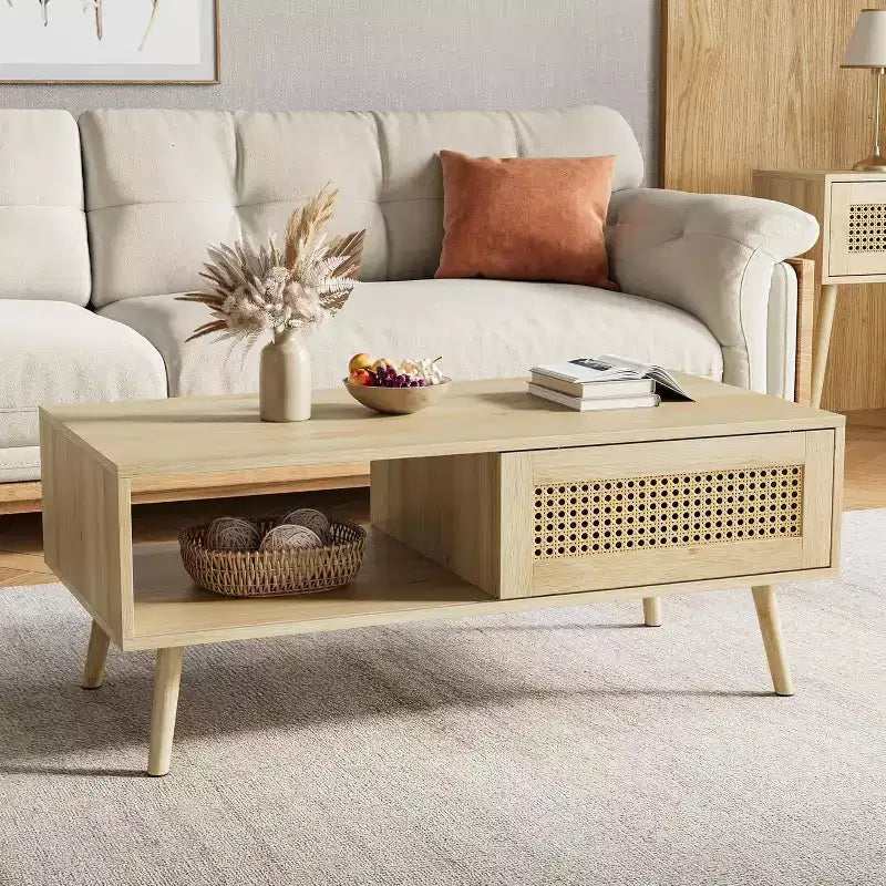 Table basse en bois avec rangement - Table de salon bohème avec porte coulissante et étagère ouverte pour salon, chambre à coucher, montage facile