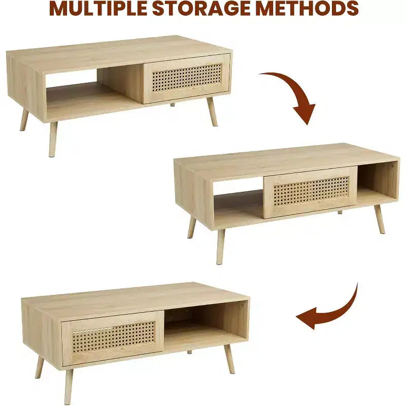 Table basse en bois avec rangement - Table de salon bohème avec porte coulissante et étagère ouverte pour salon, chambre à coucher, montage facile