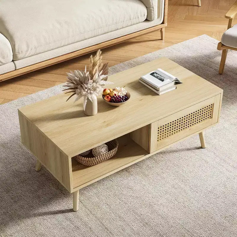 Table basse en bois avec rangement - Table de salon bohème avec porte coulissante et étagère ouverte pour salon, chambre à coucher, montage facile