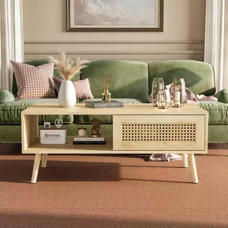 Table basse en bois avec rangement - Table de salon bohème avec porte coulissante et étagère ouverte pour salon, chambre à coucher, montage facile
