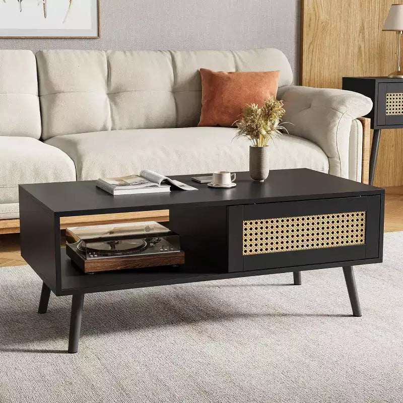 Table basse en bois avec rangement - Table de salon bohème avec porte coulissante et étagère ouverte pour salon, chambre à coucher, montage facile