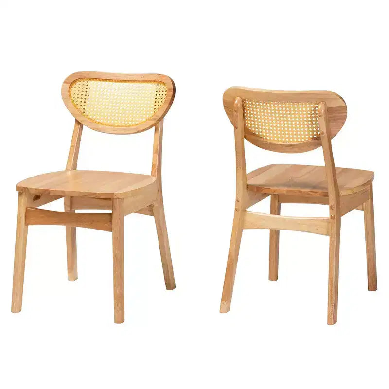 Chaise de salle à manger Nenet en bois et rotin chêne brun/brun clair : Milieu du siècle, dossier en croissant, pieds inclinés