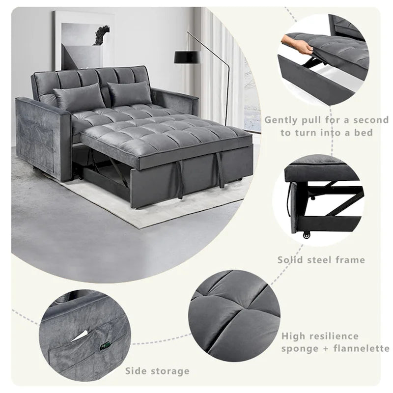 Modern Velvet Futon Loveseat with Reclining Backrest & Pockets, Seats 2 ??Dark Gray / Light Gray / Blue / Black