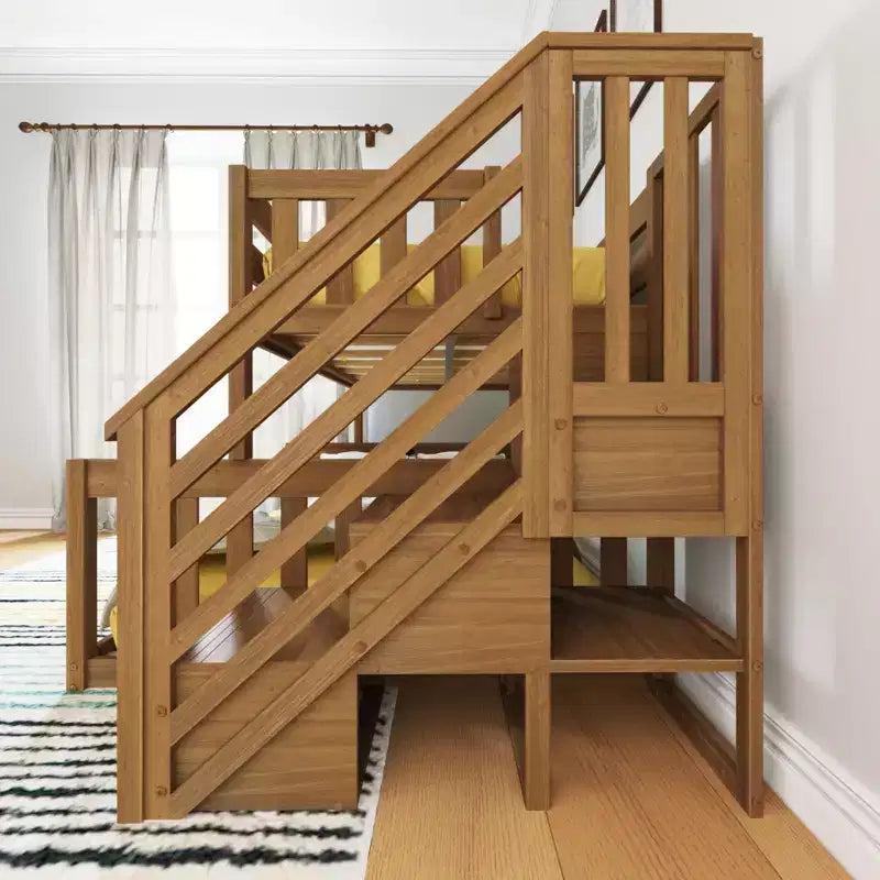 Lit superposé bas en bois jumeau sur toute la longueur pour enfants avec escalier