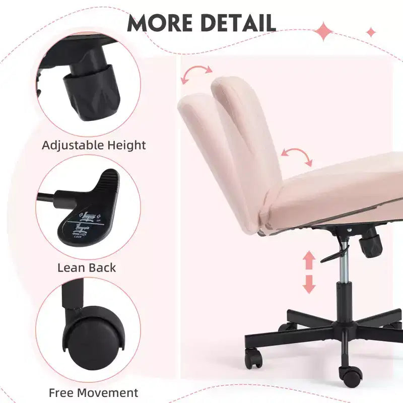 Chaise sans accoudoirs Croisée avec Roues, Chaise de Bureau à Jambes Croisées Réglable en Hauteur, Chaise de Bureau pour Bureau, Chambre, Salon