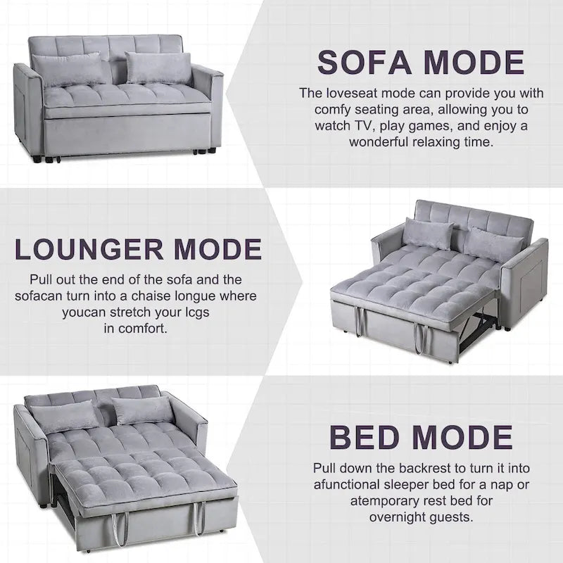 Modern Velvet Futon Loveseat with Reclining Backrest & Pockets, Seats 2 ??Dark Gray / Light Gray / Blue / Black