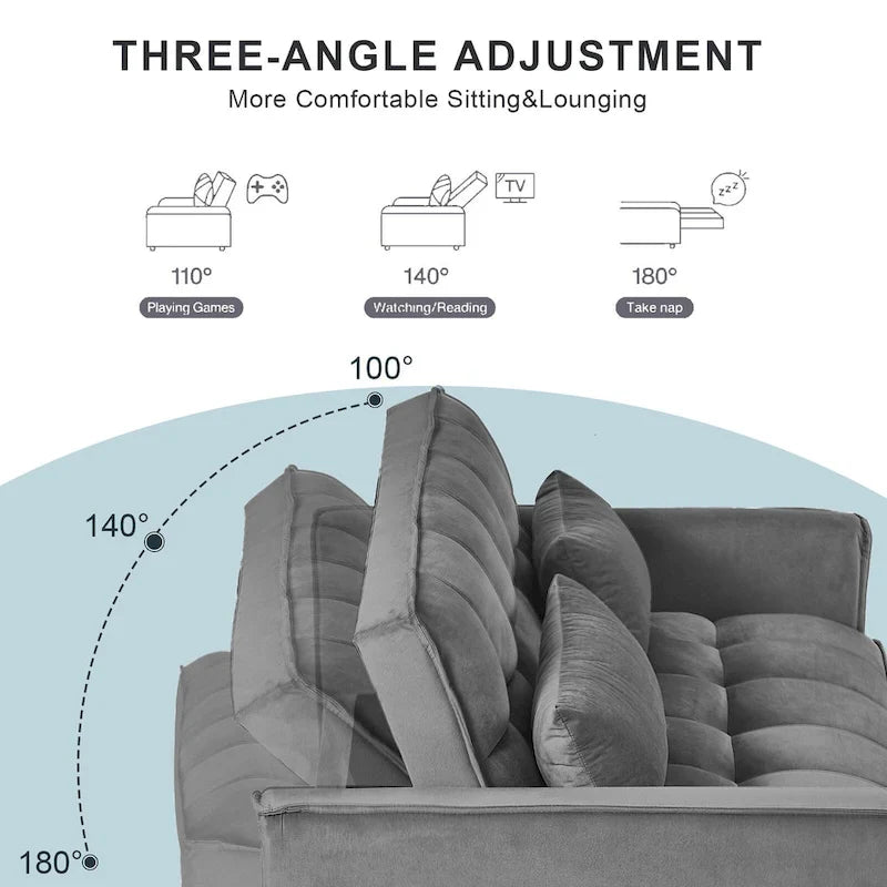 Modern Velvet Futon Loveseat with Reclining Backrest & Pockets, Seats 2 ??Dark Gray / Light Gray / Blue / Black